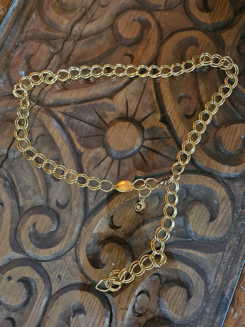 Vintage Lauren Ralph Lauren 1/4" Gold Link Chain Belt with Logo Charm